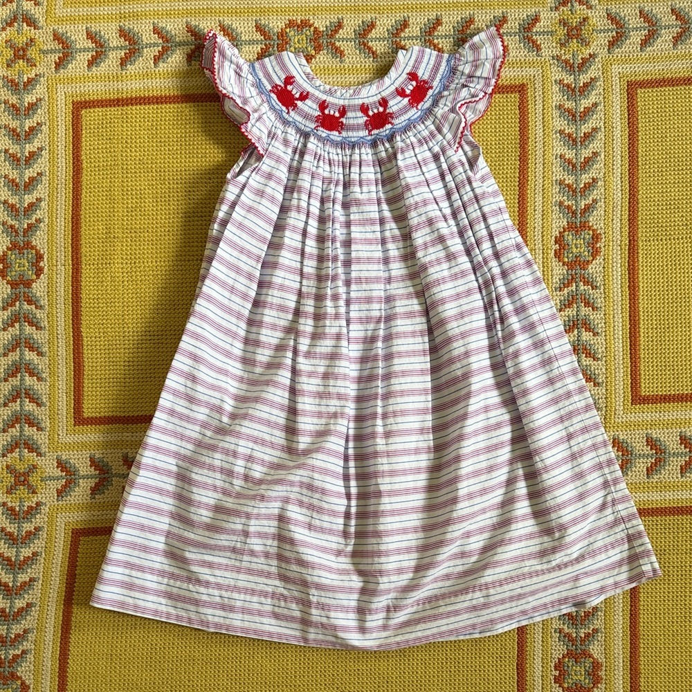 Red, White, and Blue Smocked Dress with Red Crab Embroidery